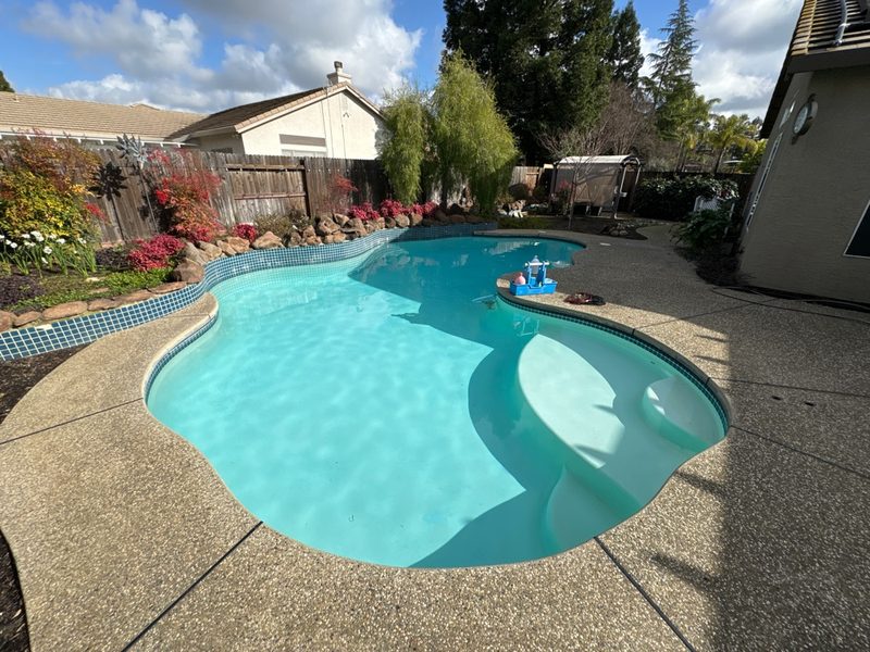 Classic residential pool with colorful landscaping in Placer County CA